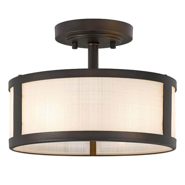 Worldwide Lighting Calais 11.8 in. x 11.8 in. x 9 in. 2-Light ORB Finish Linen Glass Semi-Flush Mount