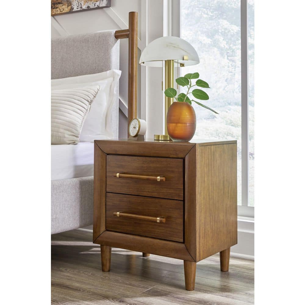 Brown Wood 2-Drawer Nightstand with USB Charging Ports