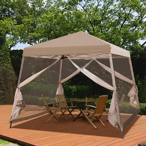 10 ft. x 10 ft. Beige Patio Outdoor Instant Slant Leg Pop-up Canopy with Mesh Tent