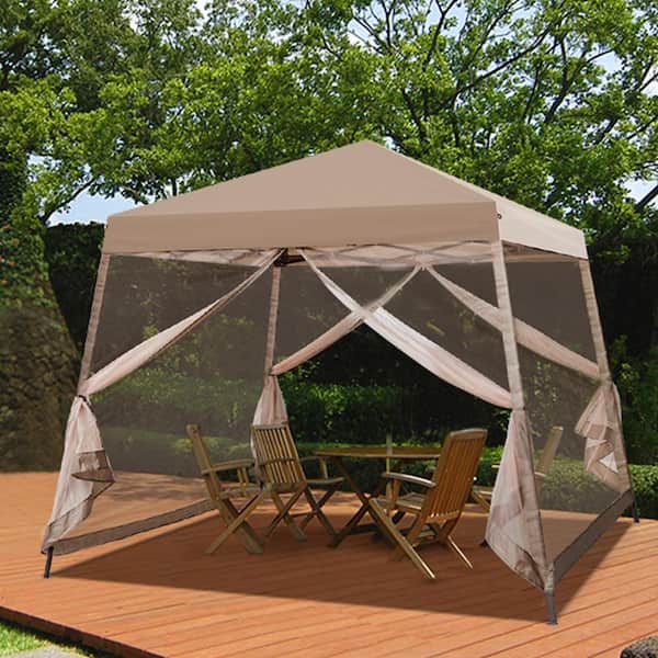 COOS BAY 10 ft. x 10 ft. Beige Patio Outdoor Instant Slant Leg Pop-up Canopy with Mesh Tent