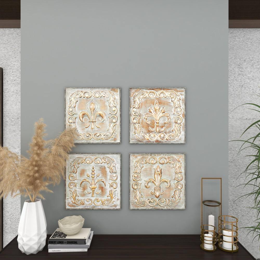 Set of Four Brass Finish Embossed Copper Alloy Wall Sculptures