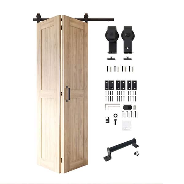 20 in. x 80 in. 5-in-1 Design Unfinished Solid Core Pine Wood Sliding Bi-fold Door with T-Shape Roller Hardware Kit