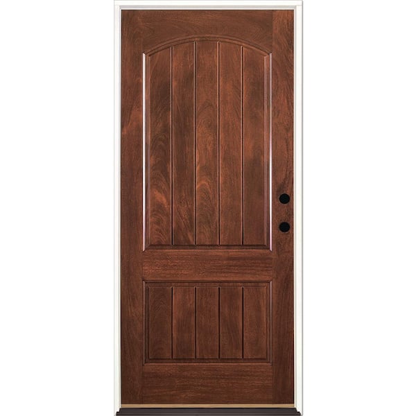 Feather River Doors 37.5 in. x 81.625 in. 2-Panel Plank Stained Chocolate Mahogany Left-Hand Inswing Fiberglass Prehung Front Door