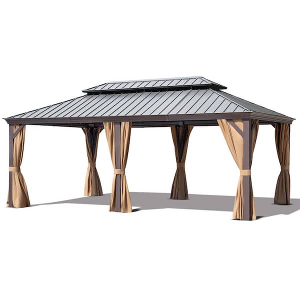 12 ft. x 20 ft. Aluminum Outdoor Double Galvanized Steel Roof Gazebo with Ceiling Hook, Mosquito Netting and Curtains