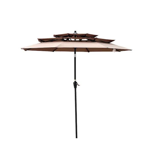 Amucolo 9 ft. 3-Tiers Steel Market Tilt Patio Umbrella in Mushroom with Crank and tilt and Wind Vents