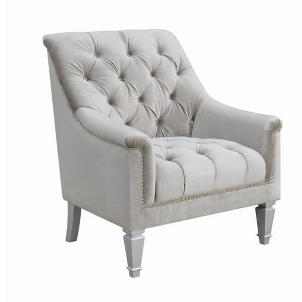 Benjara Gray Fabric Arm Chair with Rhinestone Button Tufting