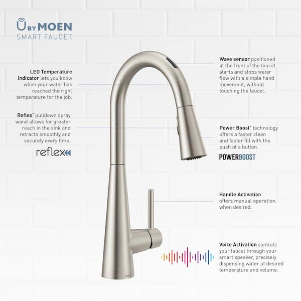 Moen U Sleek Single Handle Pull Down Sprayer Smart Kitchen Faucet With Voice Control In Spot Resist Stainless 7864evsrs The Home Depot