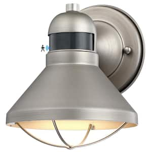 Upgraded 7.08 in. Silver Motion Sensing Dusk to Dawn Indoor/Outdoor Hardwired Barn Sconce with LED Included