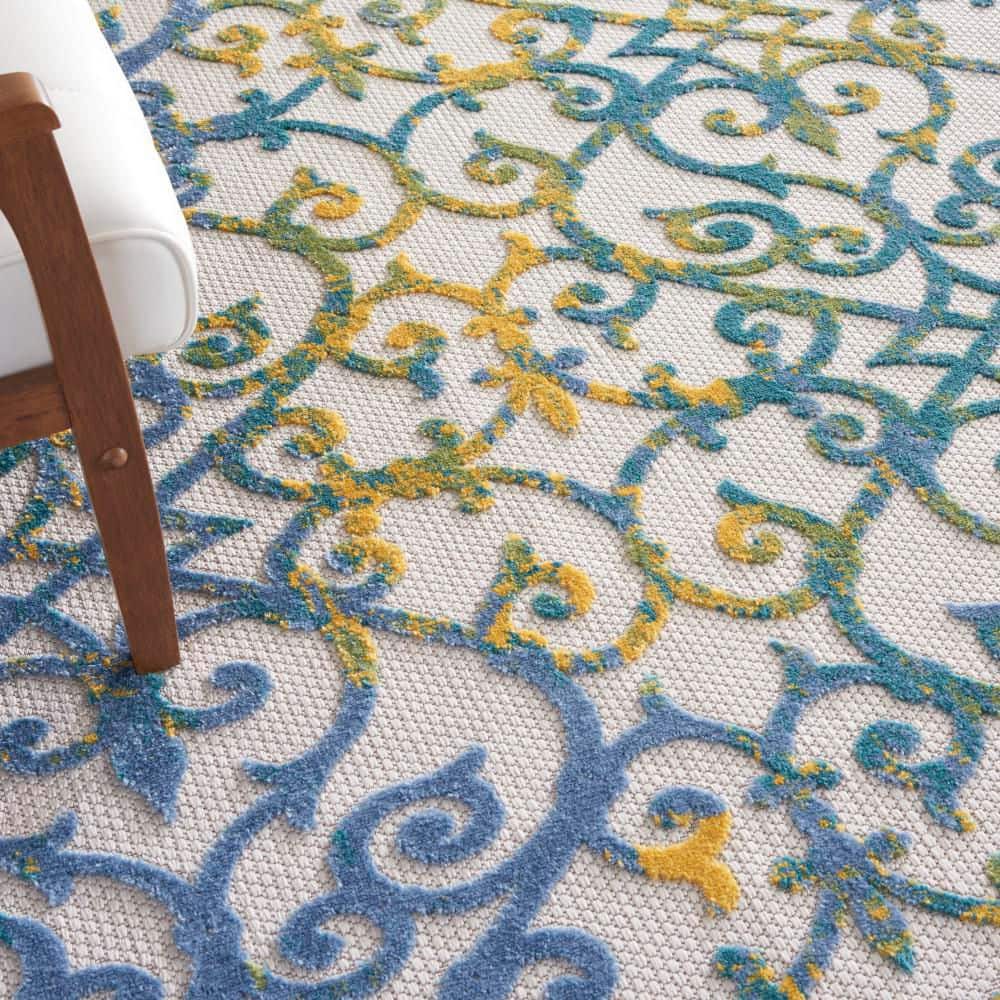 Ivory Blue Floral Synthetic Runner Rug 2'3" x 10'