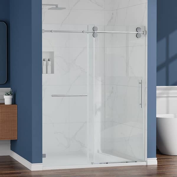 68-72 in. W x 76 in. H Single Sliding Frameless Shower Door Chrome 3/8 in. Clear Glass with Towel Bar