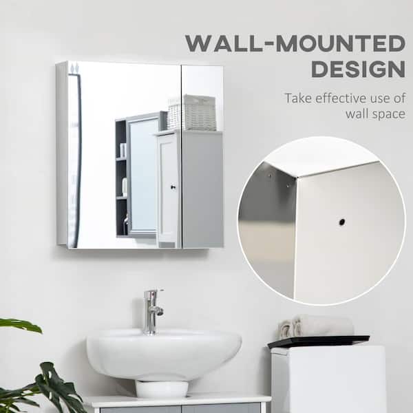kleankin Bathroom Mirror Cabinet, Wall Mounted Storage Cupboard with Double  Doors and Adjustable Shelf Grey