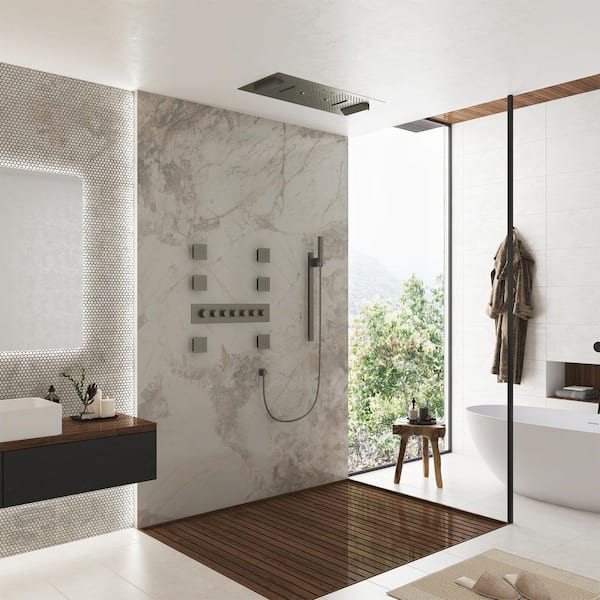6-Spray 35 in.x16 in. LED Thermostatic Shower System 6-Function w/Fixed & Handheld Shower Head 2.5 GPM in Brushed Nickel