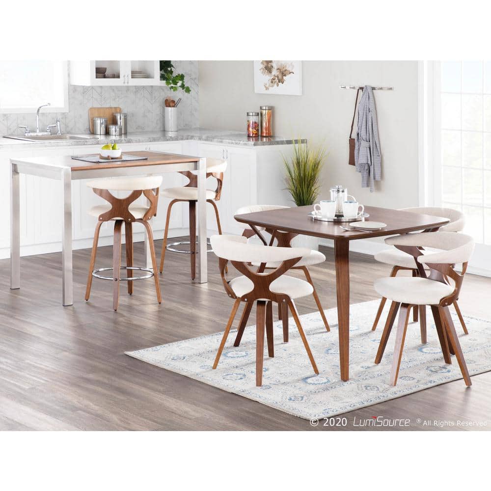 High Swivel Cream Upholstered Dining Chair with Wood Accents