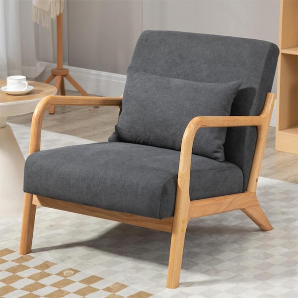 aisword Set of 2, Mid Century Modern Arm Chair with Wood Frame, Upholstered Living Room Chairs with Waist Cushion - Grey