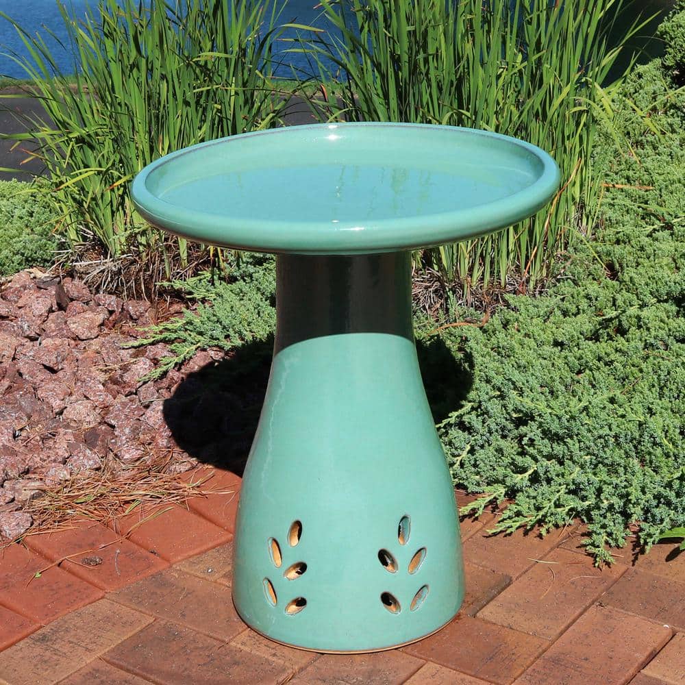 Seafoam Glazed Ceramic Hand-Painted Outdoor Bird Bath Stand