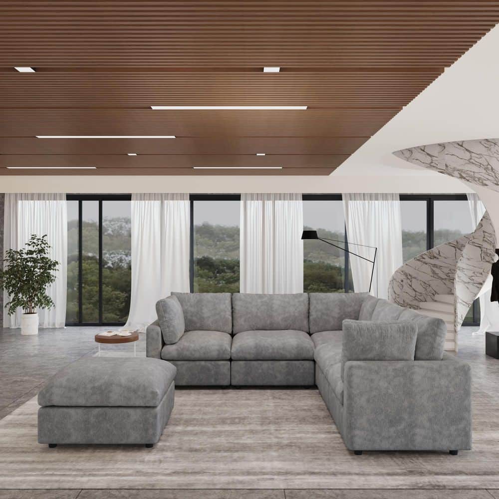 100.5 in. Chenille 5-Seater Loveseat Modular Free Combination Sectional Couch with Ottoman in Gray