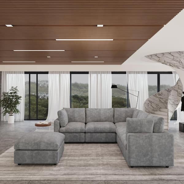 100.5 in. Chenille 5-Seater Loveseat Modular Free Combination Sectional Couch with Ottoman in Gray