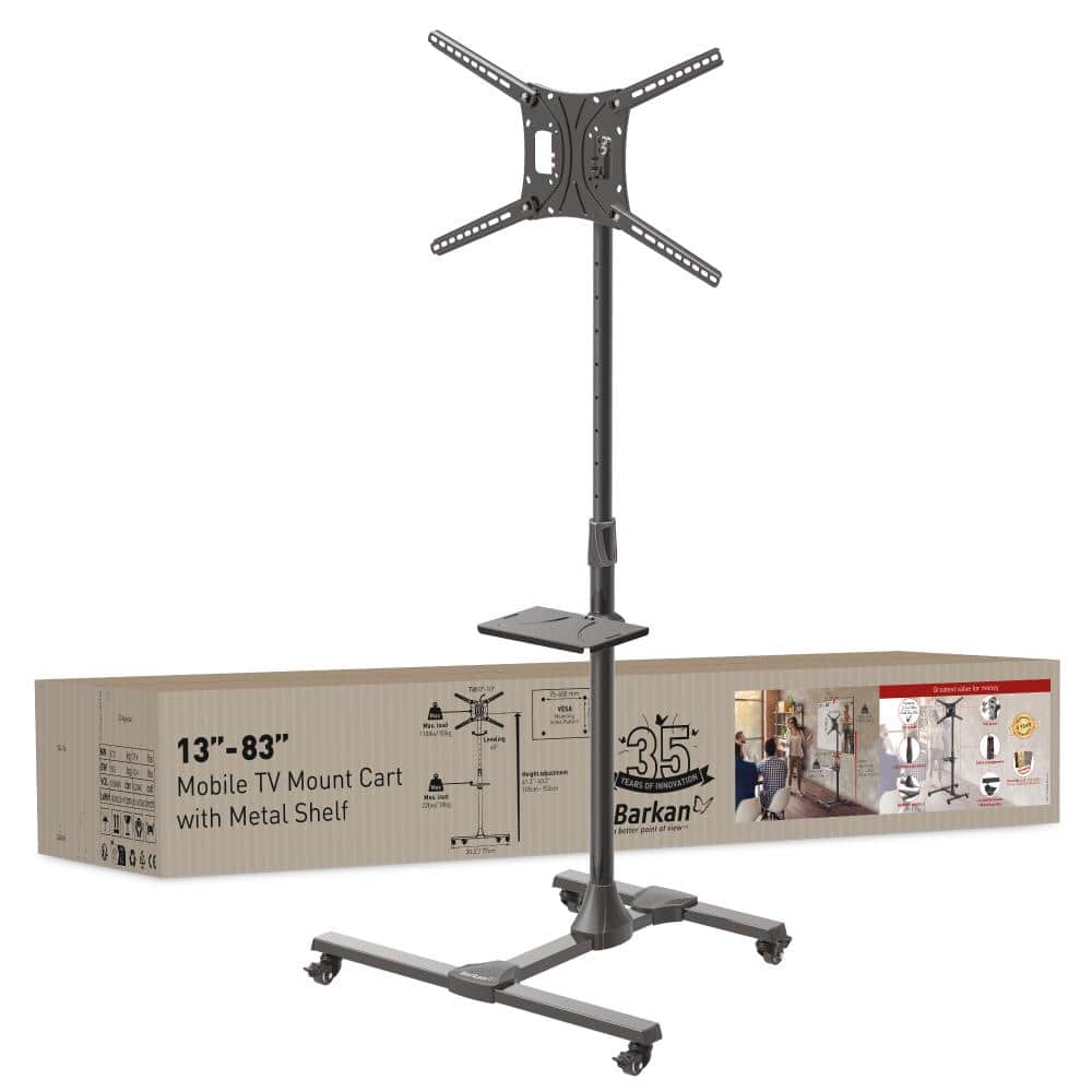 Black Full Motion Mobile TV Cart with Metal Shelf for 13-83 inch Screens