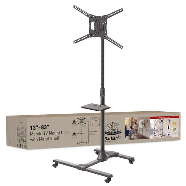 Barkan a Better Point of View Barkan 13 - 83 in. Tilt Mobile TV Mount Cart with Metal Shelf Black Patented to Fit Various Screen Types Fall Proof