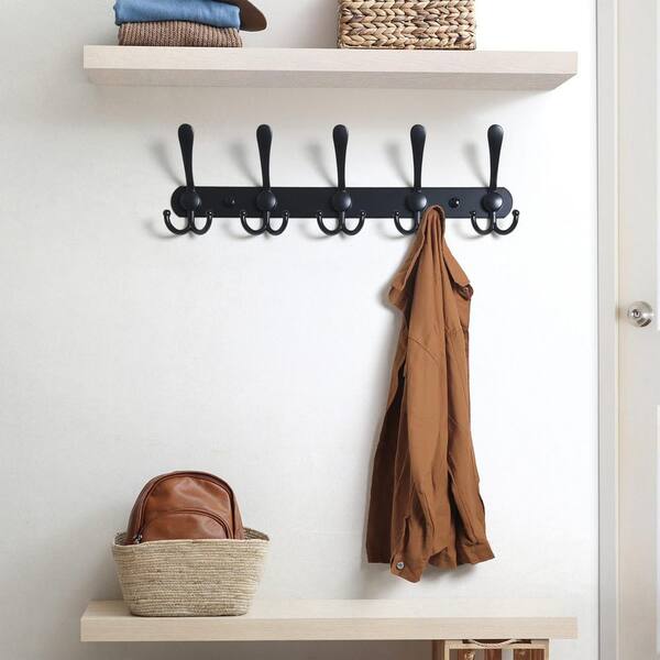 Angel Sar Black Metal Wall Mounted Coat Rack with 5 Tri Hooks for Coat