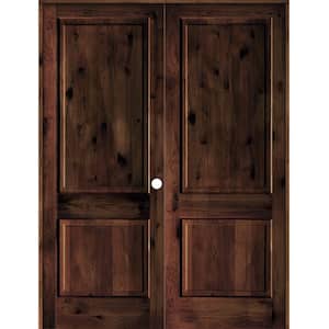 72 in. x 96 in. Rustic Knotty Alder 2-Panel Square Top Left-Handed Red Mahogany Stain Wood Double Prehung Interior Door