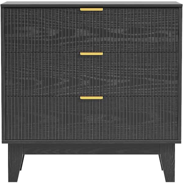 Black Fluted 3 Drawer Dresser Modern Wood Chest of Drawers Wide Storage Cabinet for Bedroom Living Room Entryway