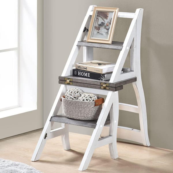White Solid Wood Side Chair, Foldable Ladder Chair, Dual-Purpose