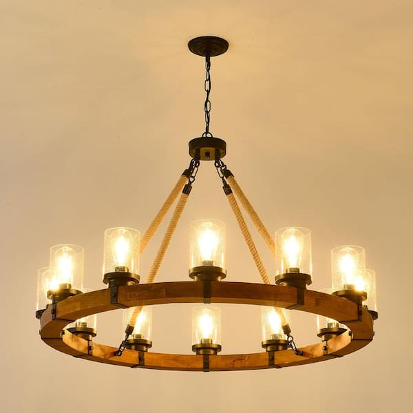 39 in. Rustic 12 Light Wagon Wheel Chandelier, with Seeded Glass Shade for Dining Room Kitchen Island Foyer Entryway
