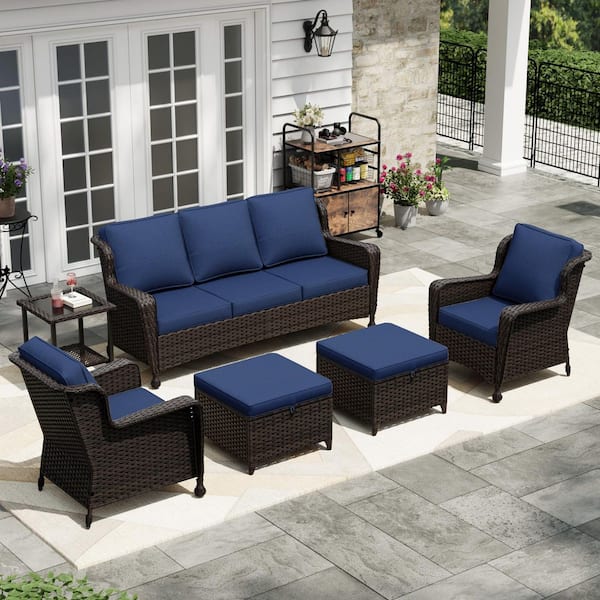 Esunny 6-Piece Wicker Outdoor Patio Conversation Set Chat Set with Dark Blue Cushions 1 Couch, 2 Chairs, 2 Ottomans and 1 Table