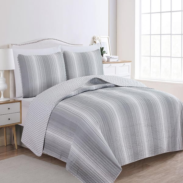 FRESHFOLDS Grey Full/Queen Premium Striped 3-Piece Microfiber Quilt Set Bedspread