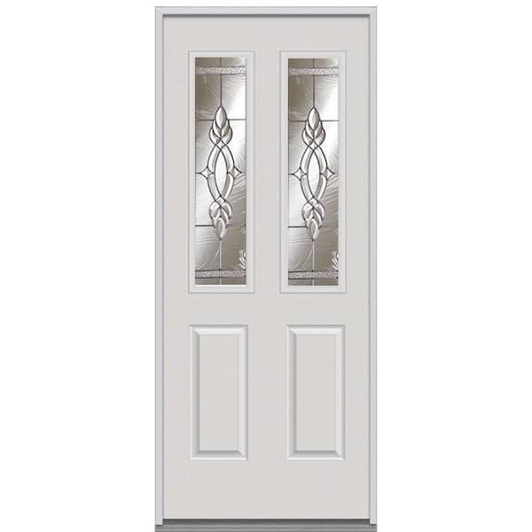 Milliken Millwork 30 in. x 80 in. Brentwood Decorative Glass 2 Lite 2-Panel Primed White Steel Replacement Prehung Front Door