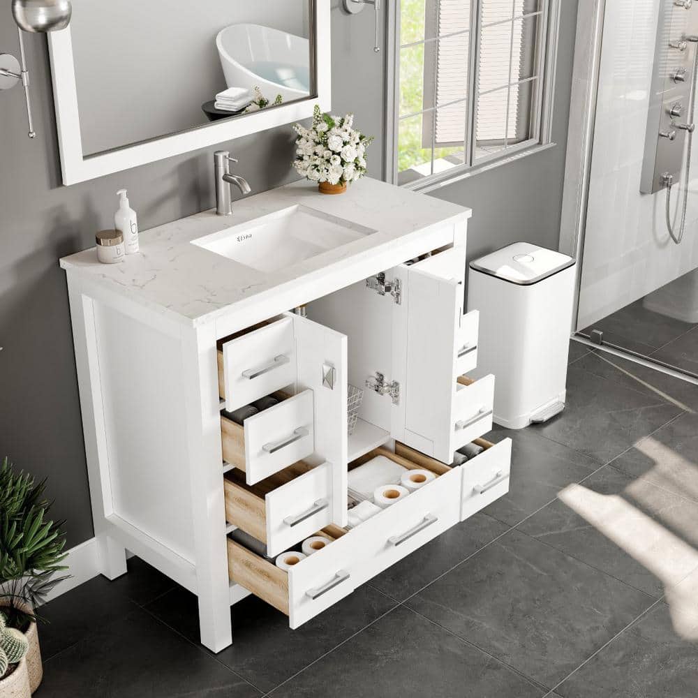 Eviva Hampton 36" White Vanity with Carrara Quartz Top