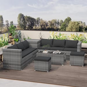 Gray 8-Piece Wicker Outdoor Sectional Sofa Set with Black Cushion and 1 Storage Box