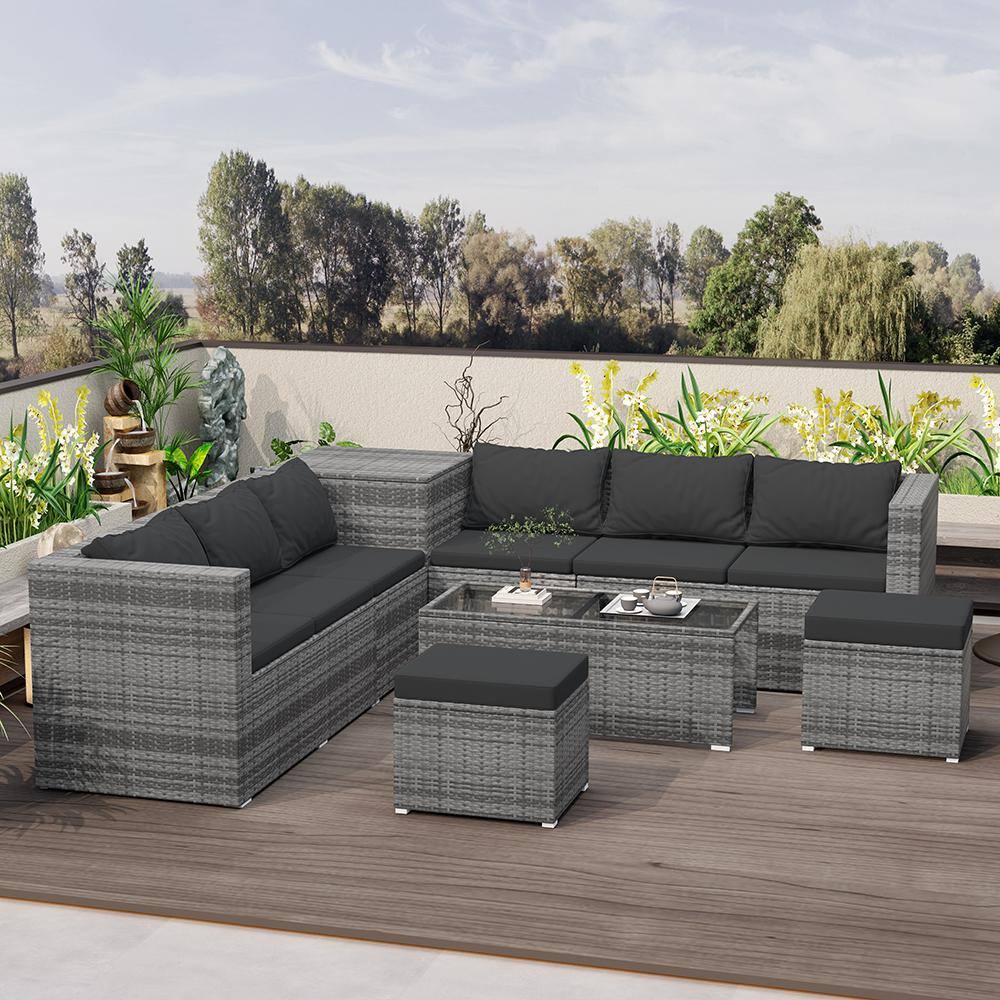 Nestfair Gray 8-Piece Wicker Outdoor Sectional Sofa Set with Black ...