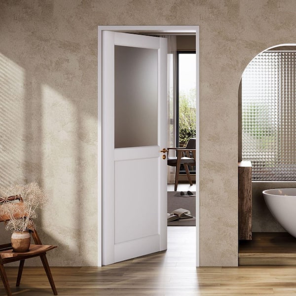32 in. x 80 in. 1/2 Lite Tempered Frosted Glass Solid Core White Primed Wood Interior Door Slab