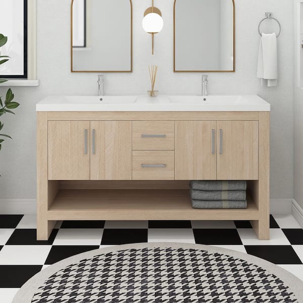 Staykiwi 60 in. W x 21.34 in. D x 35.04 in. H Double Sinks Freestanding Bath Vanity in Light Oak with White Acrylic Top