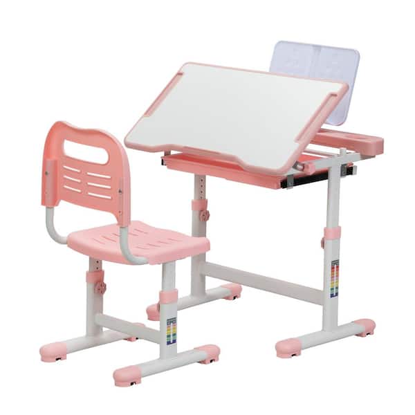 Kids Functional Desk And Chair Set,Ergonomic Height Adjustable Children School Study Desk With Tilt Desktop,Book Stand,Metal Hook & Storage