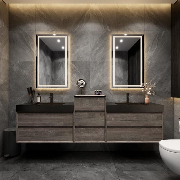 MIA 114 in. W x 20 in. D x 30 in. H Double Sink Middle Cabinet Bath Vanity in Gray Oak with Black Stainless Steel Top