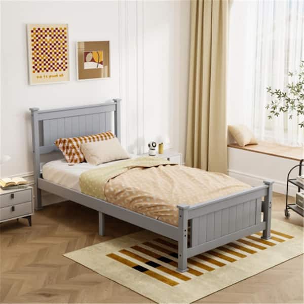 Gray Wood Bed Frame Twin Size Platform Bed with Headboard Weight Capacity 330 lbs.
