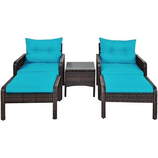 Costway Brown 5-Piece Rattan Wicker Patio Conversation Ottoman Sofa Coffee Table Set with Turquoise Cushion