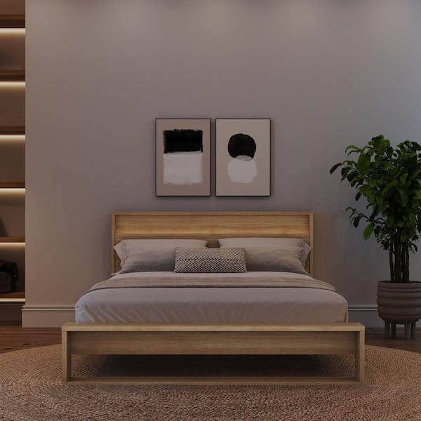 Gael Brown Oak Frame Queen Size Slatted Platform Bed and Headboard with Integrated Light