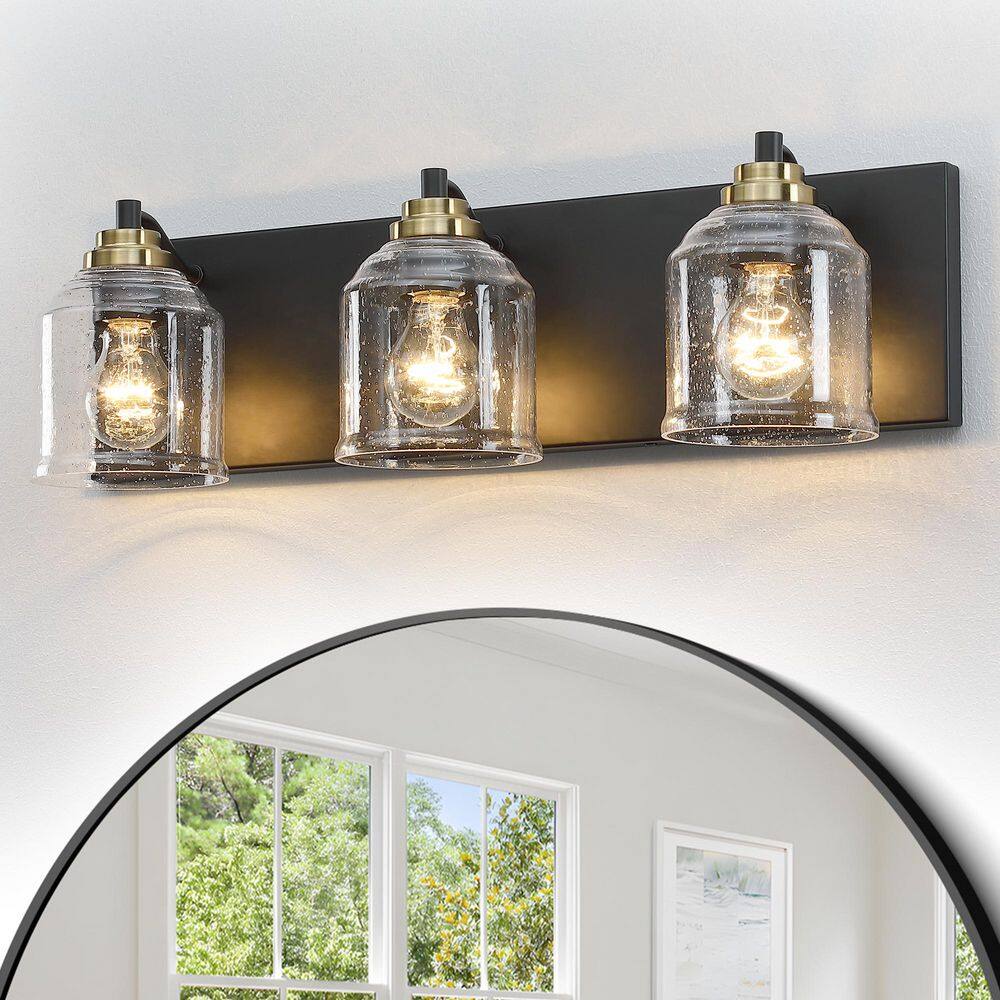 Modern 23 in. 3-Light Matte Black and Gold Metal Bathroom Vanity Light with Clear Seeded Glass Shades price history on PriceWatchPro