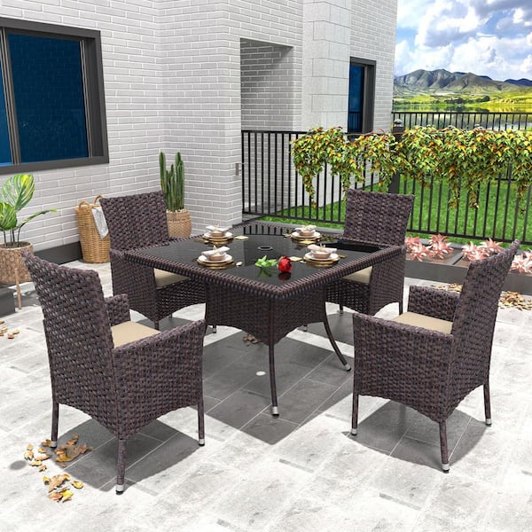 5-piece wicker patio dining set with umbrella hole Zerpod Brown 5-Piece Wicker Outdoor Dining Set with Square Tempered Glass  Tabletop, Umbrella Hole and Cushion Khaki ZE-5DIN-SD