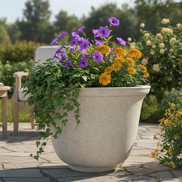 Elise Medium Beige Resin Lightweight Round Planter with Optional Drainage Holes (14 in. L x 14 in. W x 9.8 in. H)