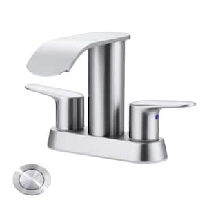 4 in. Centerset 2-Handle Mid Arc Bathroom Waterfall Faucet with Drain Kit Included in Stainless Steel Brushed Nickel