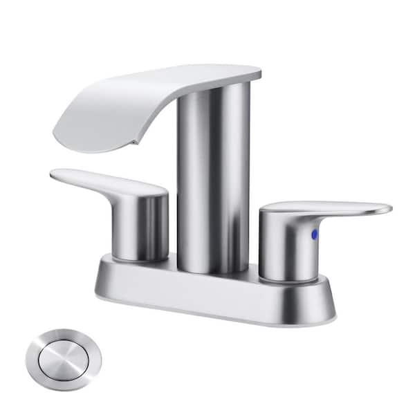 WOWOW 4 in. Centerset 2-Handle Mid Arc Bathroom Waterfall Faucet with Drain Kit Included in Stainless Steel Brushed Nickel