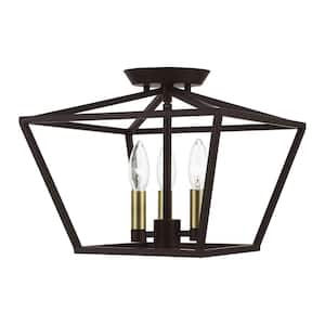 Devone 12.5 in. 3-Light Bronze Square Semi-Flush Mount with Antique Brass Accents