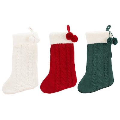 20 in. White/Red/Green Knitted Cotton Cinnamon Christmas Stocking with Pom Pom Tassels (Set of 3)
