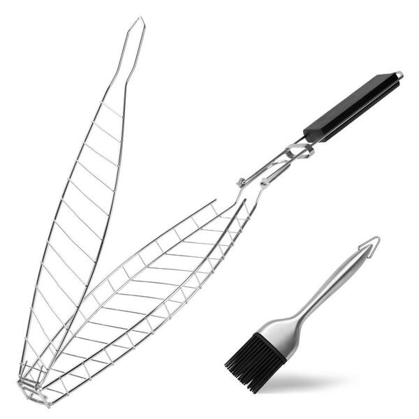 Fish Grill Basket, Heavy Duty Stainless Steel Grilling Pan with Removable Wooden Handle & Bonus Basting Brush