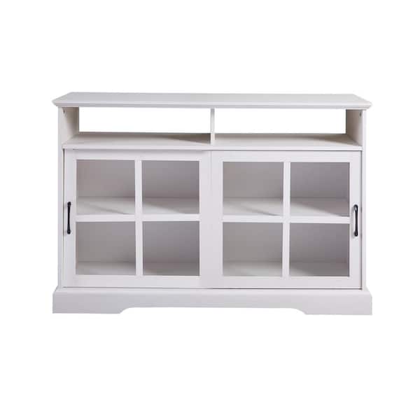ATHMILE White Sideboard with 2-Glass Sliding Doors and Adjustable Shelves